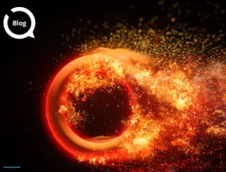 A fiery red-orange circle with dynamic sparks and particles on a dark background. Blog icon in the corner.